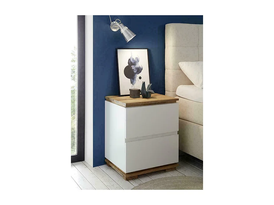 Chevet / table de nuit finition laquée blanc mat et chêne massif huilé - Longueur 48 x Hauteur 59 x Profondeur 40 cm