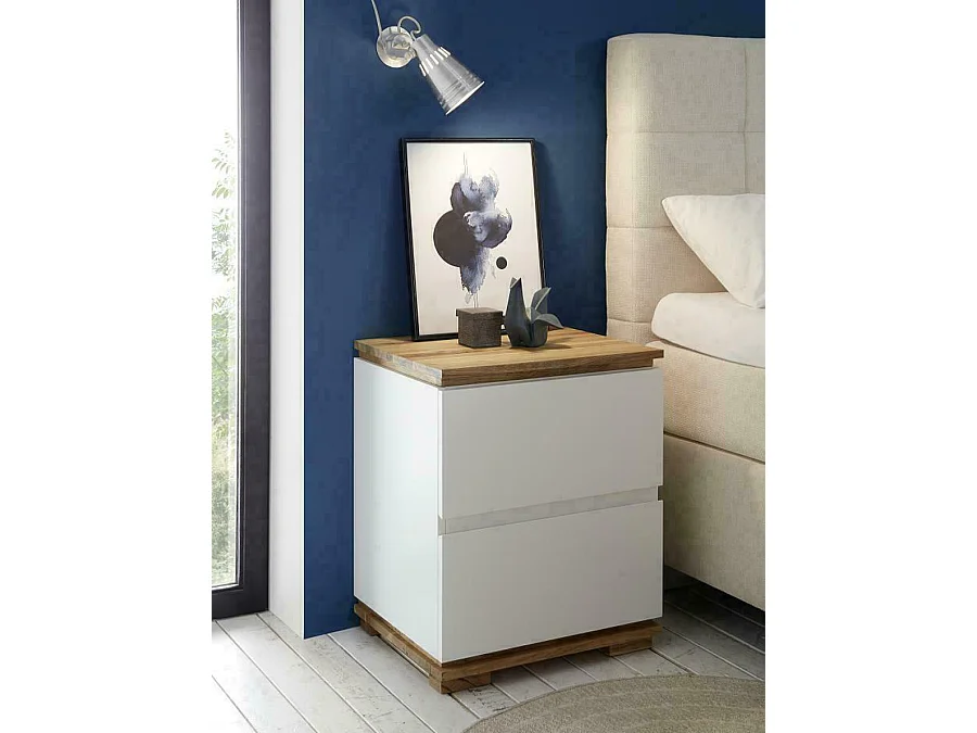 Chevet / table de nuit finition laquée blanc mat et chêne massif huilé - Longueur 48 x Hauteur 59 x Profondeur 40 cm