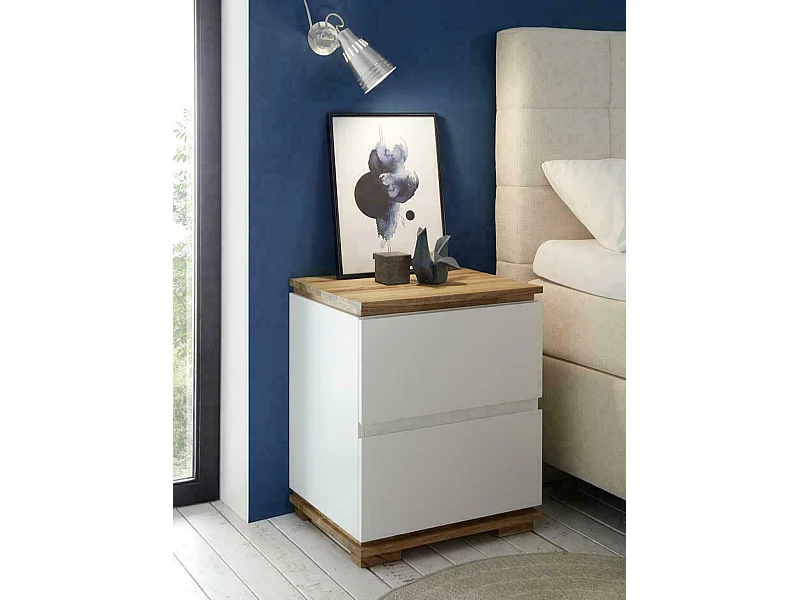 Chevet / table de nuit finition laquée blanc mat et chêne massif huilé - Longueur 48 x Hauteur 59 x Profondeur 40 cm