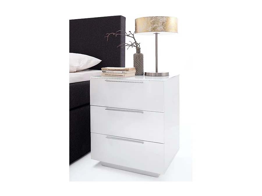 Table de chevet en verre laqué blanc brillant - Longueur 50 x Hauteur 60 x Profondeur 40 cm