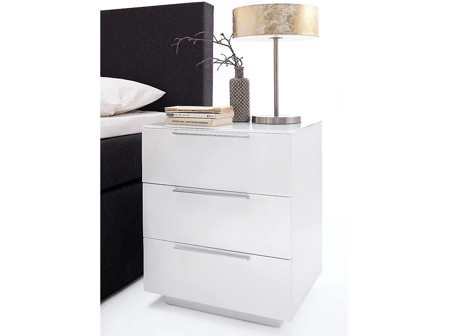 Table de chevet en verre laqué blanc brillant - Longueur 50 x Hauteur 60 x Profondeur 40 cm