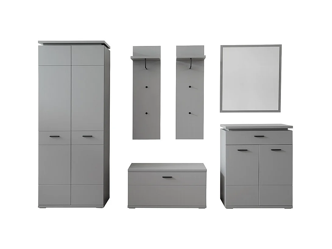 Ensemble d'entrée en bois, armoire, banc de vestiaire, commode, miroir, panneau mural