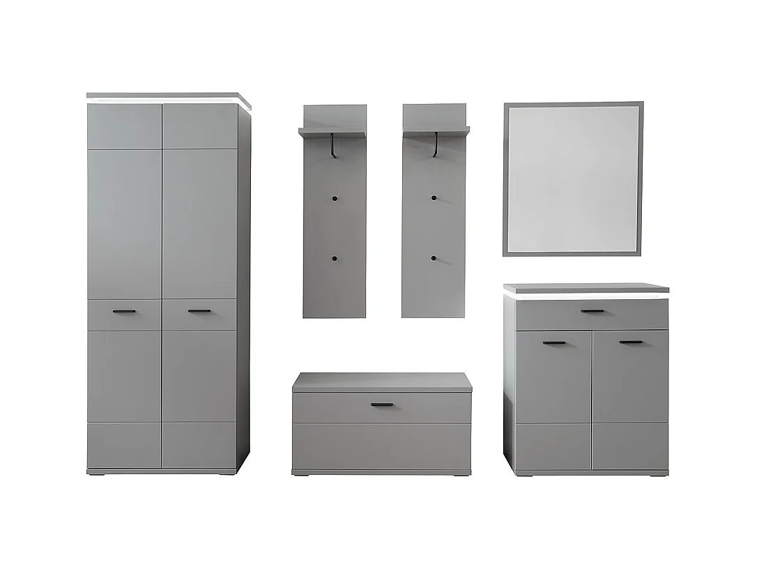 Ensemble d'entrée en bois, armoire, banc de vestiaire, commode, miroir, panneau mural