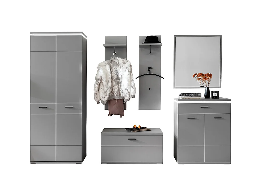 Ensemble d'entrée en bois, armoire, banc de vestiaire, commode, miroir, panneau mural