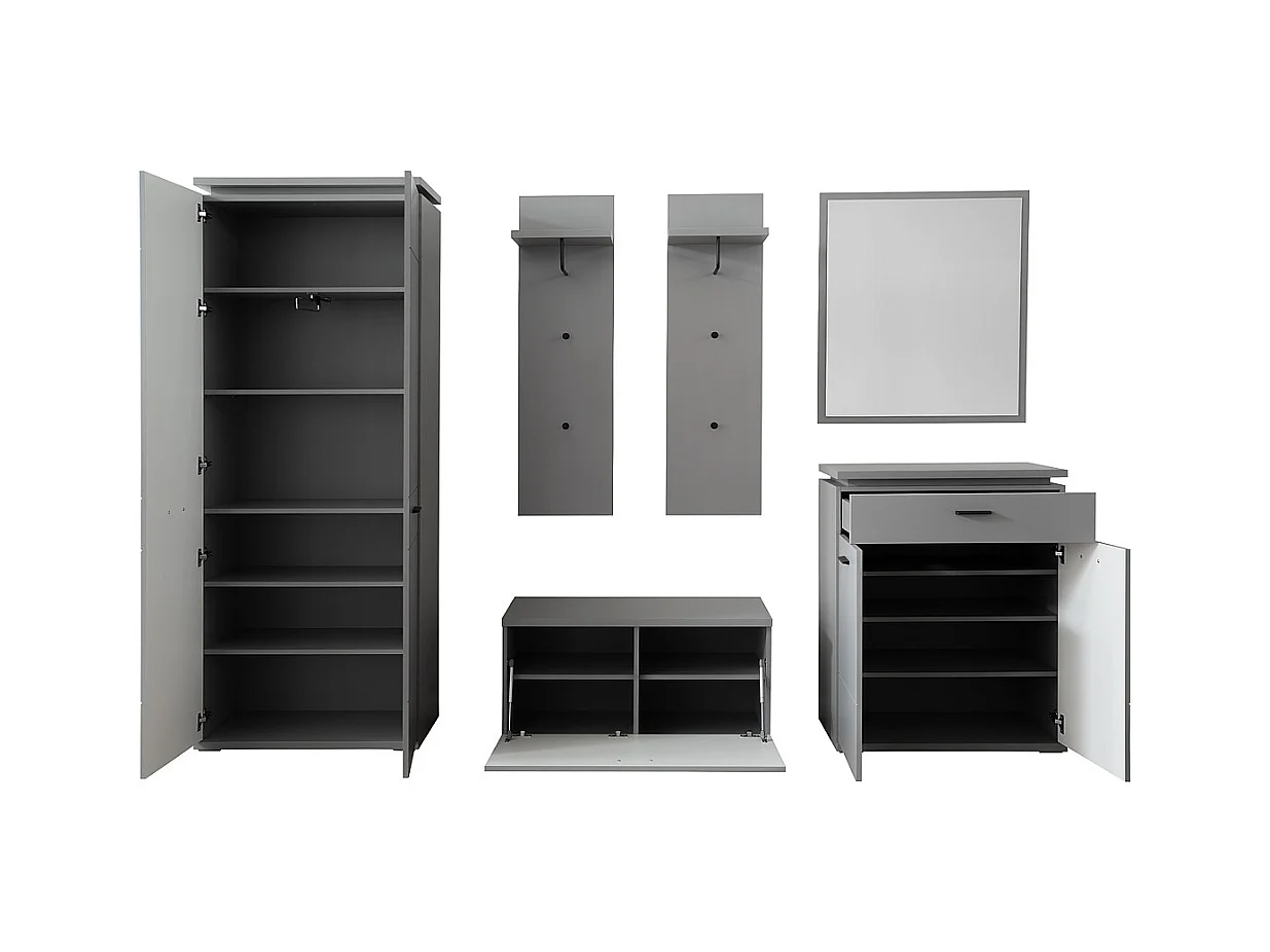 Ensemble d'entrée en bois, armoire, banc de vestiaire, commode, miroir, panneau mural