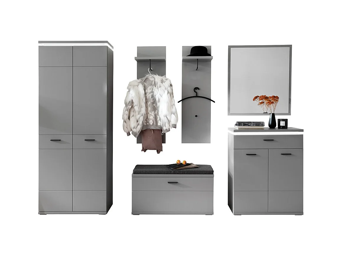 Ensemble d'entrée en bois, armoire, banc de vestiaire, commode, miroir, panneau mural