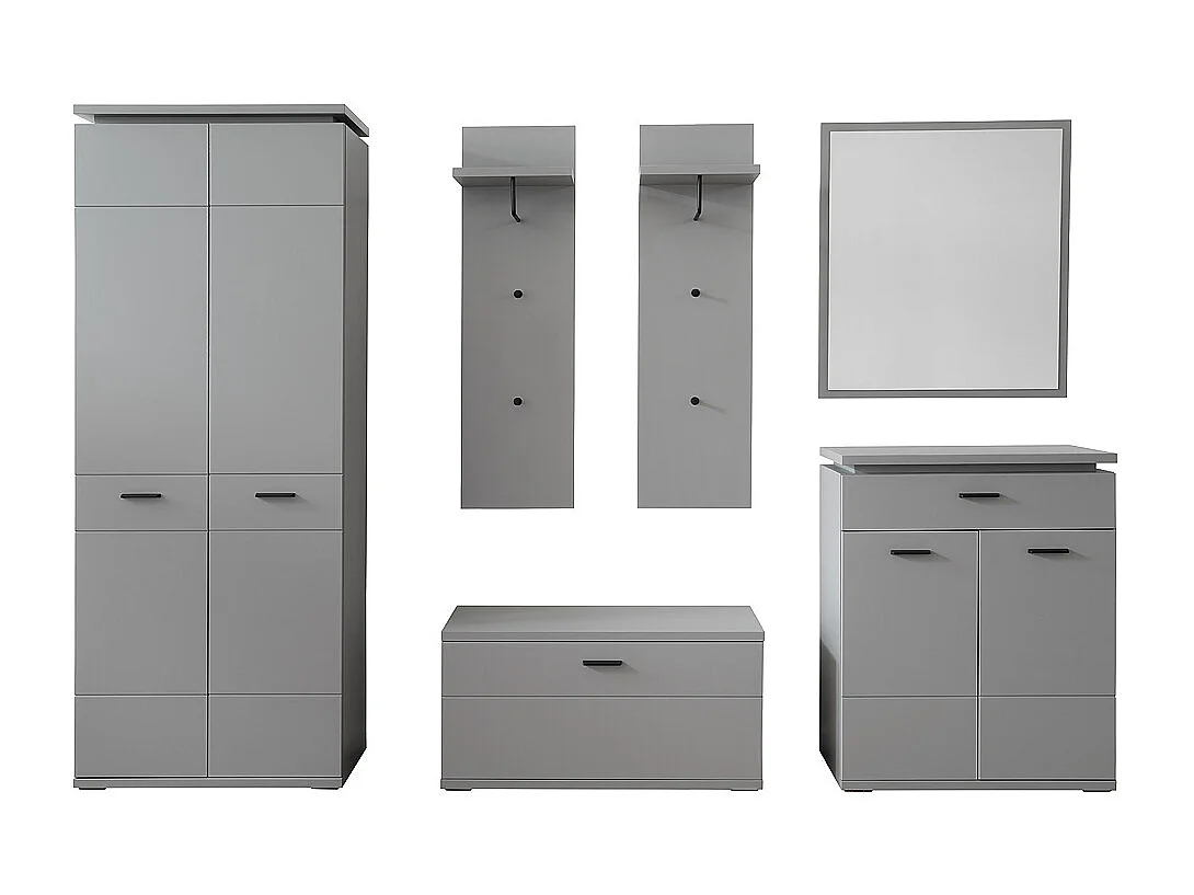 Ensemble d'entrée en bois, armoire, banc de vestiaire, commode, miroir, panneau mural