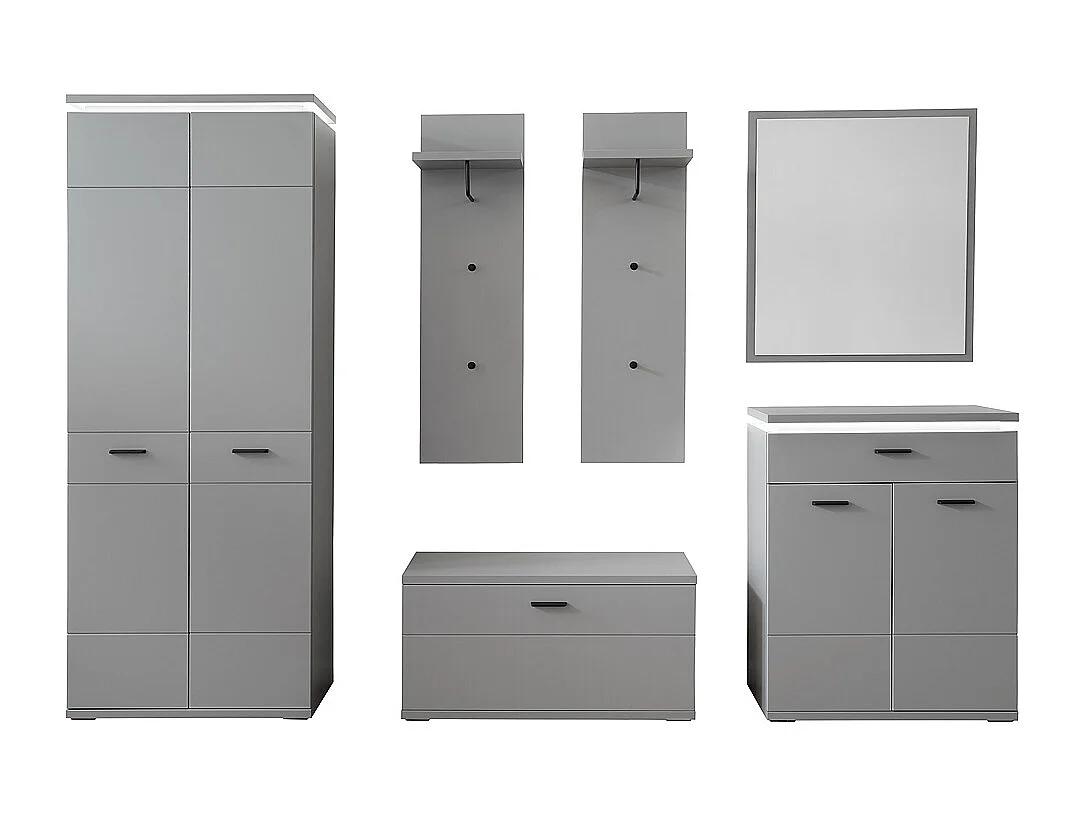 Ensemble d'entrée en bois, armoire, banc de vestiaire, commode, miroir, panneau mural