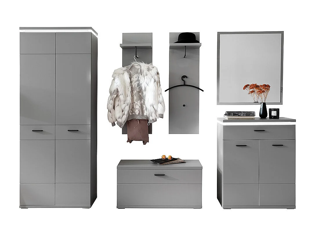 Ensemble d'entrée en bois, armoire, banc de vestiaire, commode, miroir, panneau mural