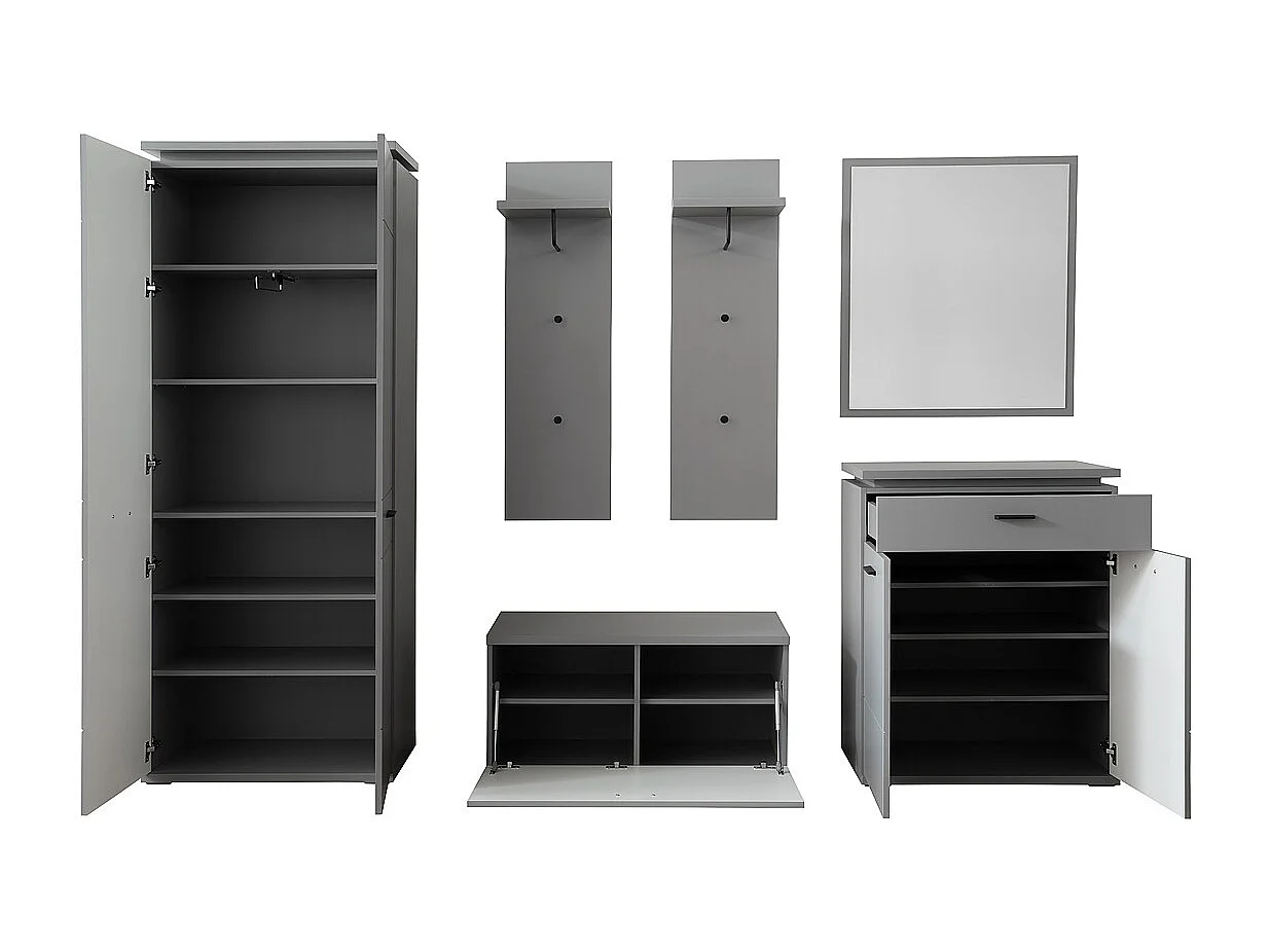 Ensemble d'entrée en bois, armoire, banc de vestiaire, commode, miroir, panneau mural