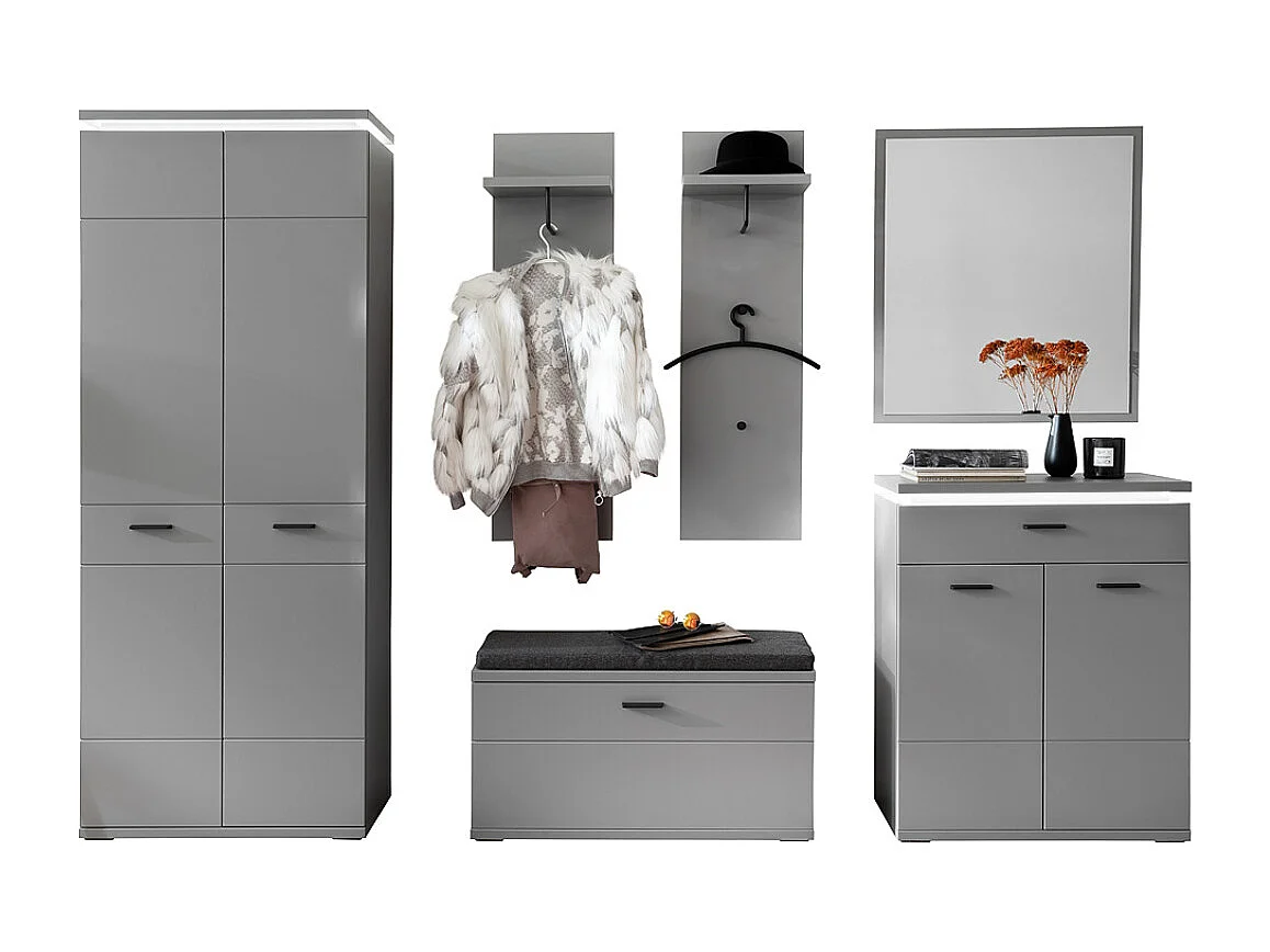 Ensemble d'entrée en bois, armoire, banc de vestiaire, commode, miroir, panneau mural