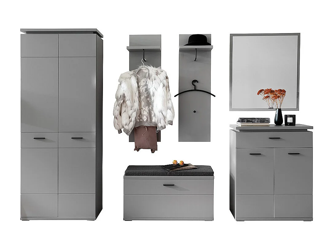 Ensemble d'entrée en bois, armoire, banc de vestiaire, commode, miroir, panneau mural