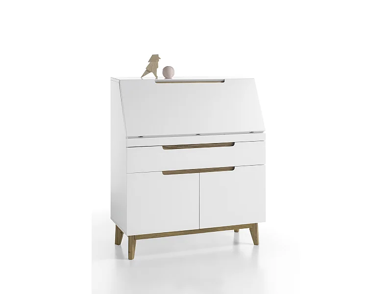 Bureau de sécretaire en laqué blanc mat avec piètement en chêne - L97 x H113 x P40 cm