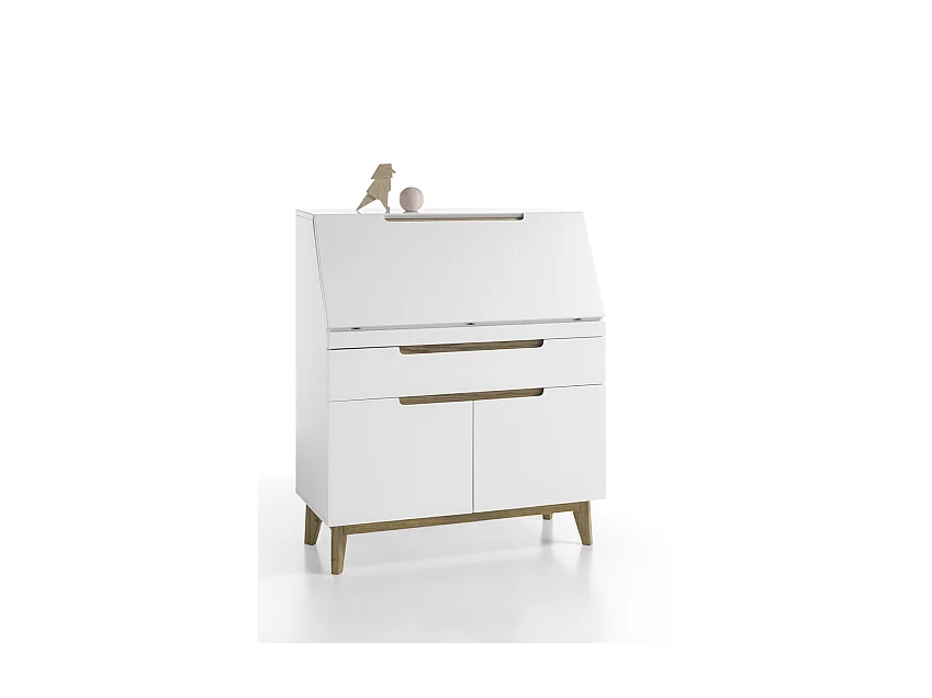 Bureau de sécretaire en laqué blanc mat avec piètement en chêne - L97 x H113 x P40 cm