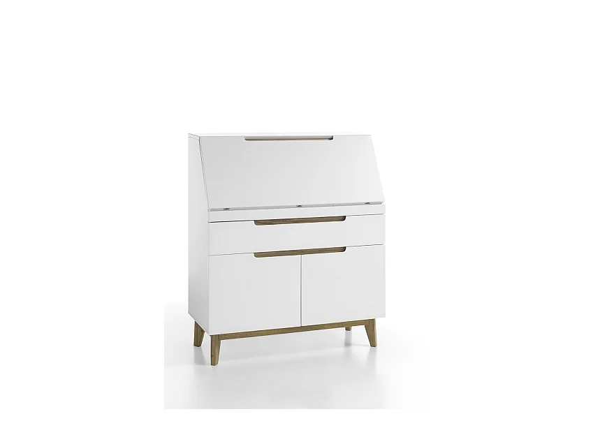 Bureau de sécretaire en laqué blanc mat avec piètement en chêne - L97 x H113 x P40 cm