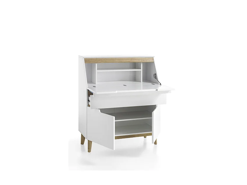 Bureau de sécretaire en laqué blanc mat avec piètement en chêne - L97 x H113 x P40 cm