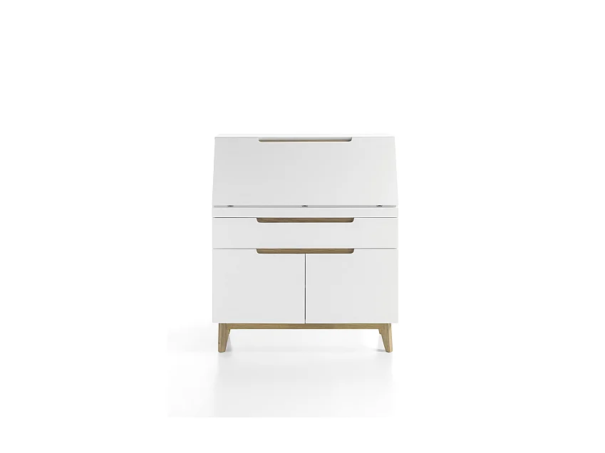 Bureau de sécretaire en laqué blanc mat avec piètement en chêne - L97 x H113 x P40 cm