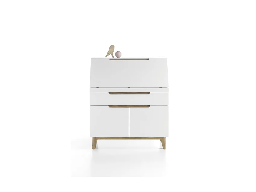 Bureau de sécretaire en laqué blanc mat avec piètement en chêne - L97 x H113 x P40 cm