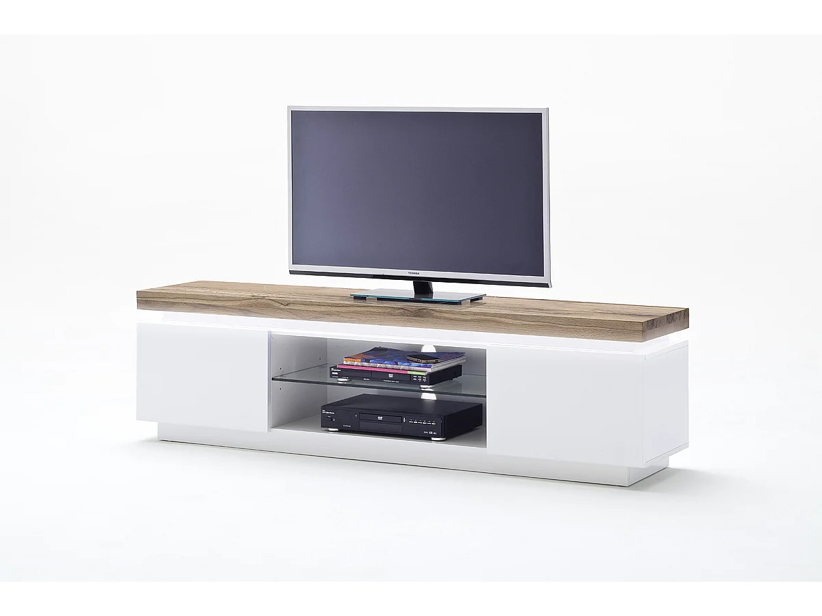 Meuble TV avec LED coloris laqué blanc mat - L175 x H40 x P49 cm