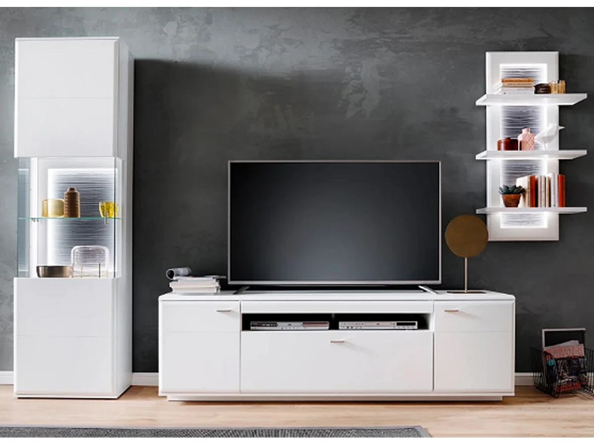 Meuble TV en bois coloris blanc mat - L.195 x H.60 x P.51 cm