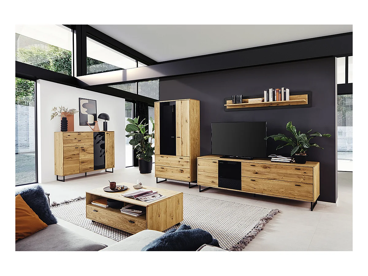 Meuble TV en bois coloris chêne sauvage huilé - Longueur 209 x Hauteur 68 x Profondeur 50 cm