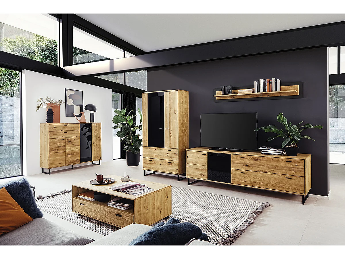 Meuble TV en bois coloris chêne sauvage huilé - Longueur 209 x Hauteur 68 x Profondeur 50 cm