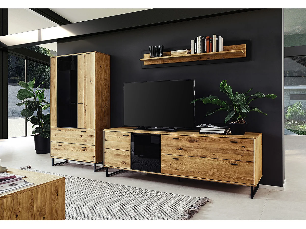 Meuble TV en bois coloris chêne sauvage huilé - Longueur 209 x Hauteur 68 x Profondeur 50 cm