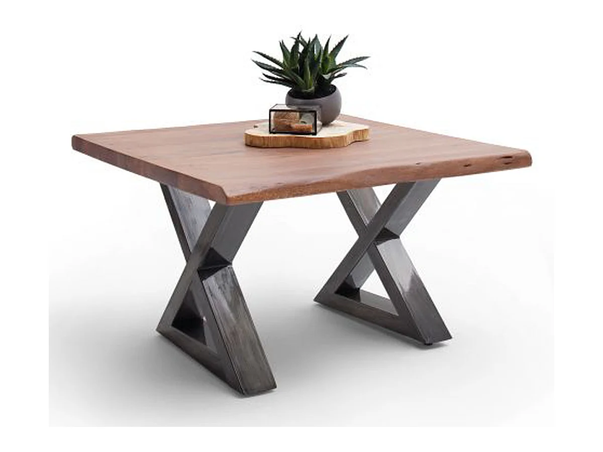 Table basse en bois d'acacia massif noyer / acier antique - L.75 x H.45 x P.75 cm