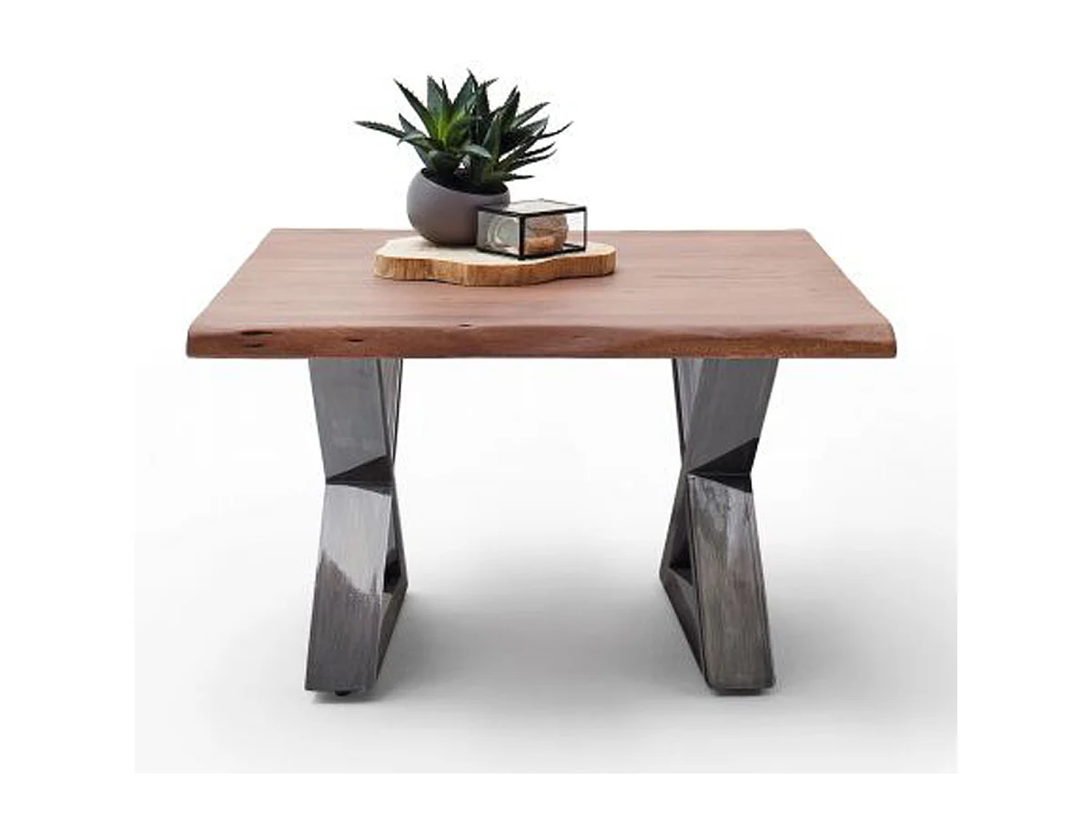 Table basse en bois d'acacia massif noyer / acier antique - L.75 x H.45 x P.75 cm