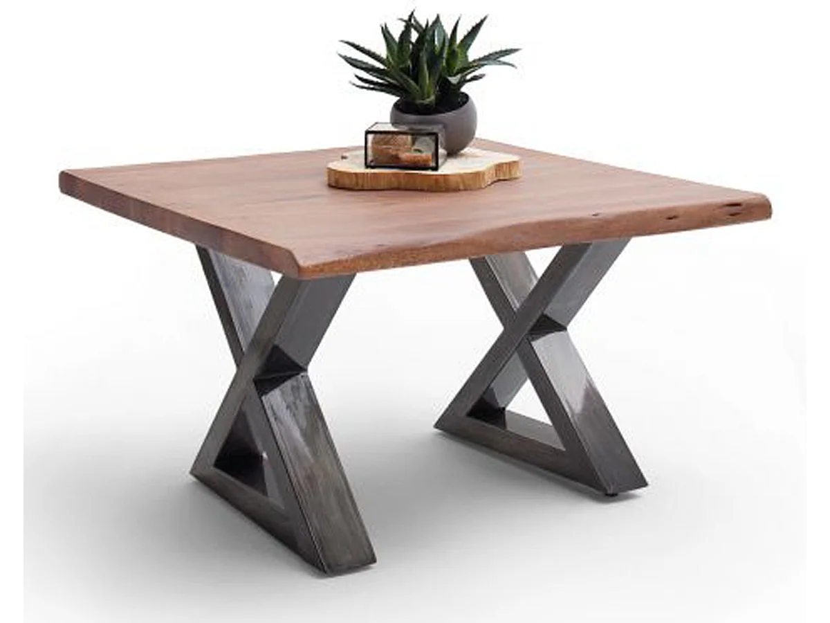 Table basse en bois d'acacia massif noyer / acier antique - L.75 x H.45 x P.75 cm