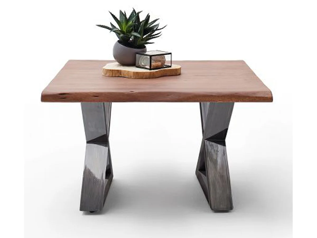 Table basse en bois d'acacia massif noyer / acier antique - L.75 x H.45 x P.75 cm