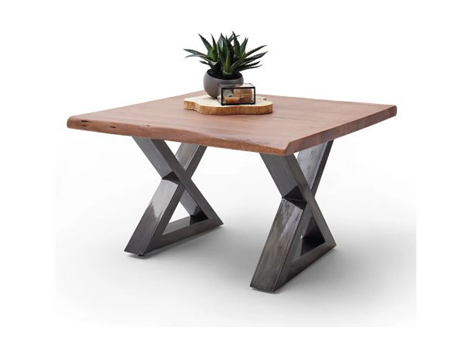 Table basse en bois d'acacia massif noyer / acier antique - L.75 x H.45 x P.75 cm