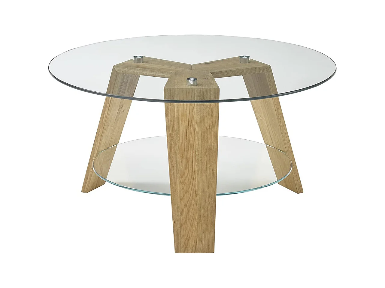 Table basse ronde en verre clair et chêne massif - L.75 x H.40 x P.75 cm