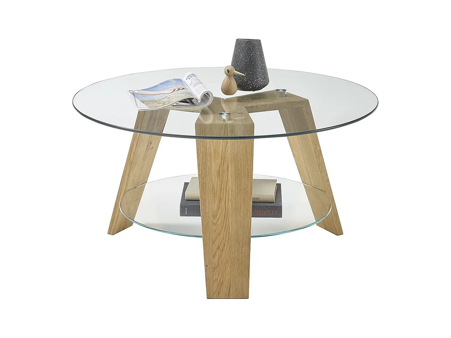 Table basse ronde en verre clair et chêne massif - L.75 x H.40 x P.75 cm