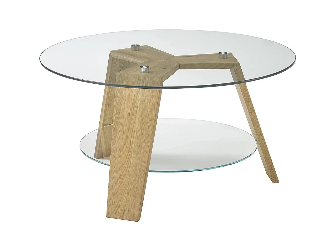 Table basse ronde en verre clair et chêne massif - L.75 x H.40 x P.75 cm