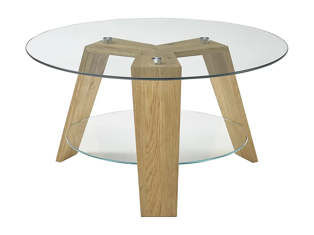 Table basse ronde en verre clair et chêne massif - L.75 x H.40 x P.75 cm