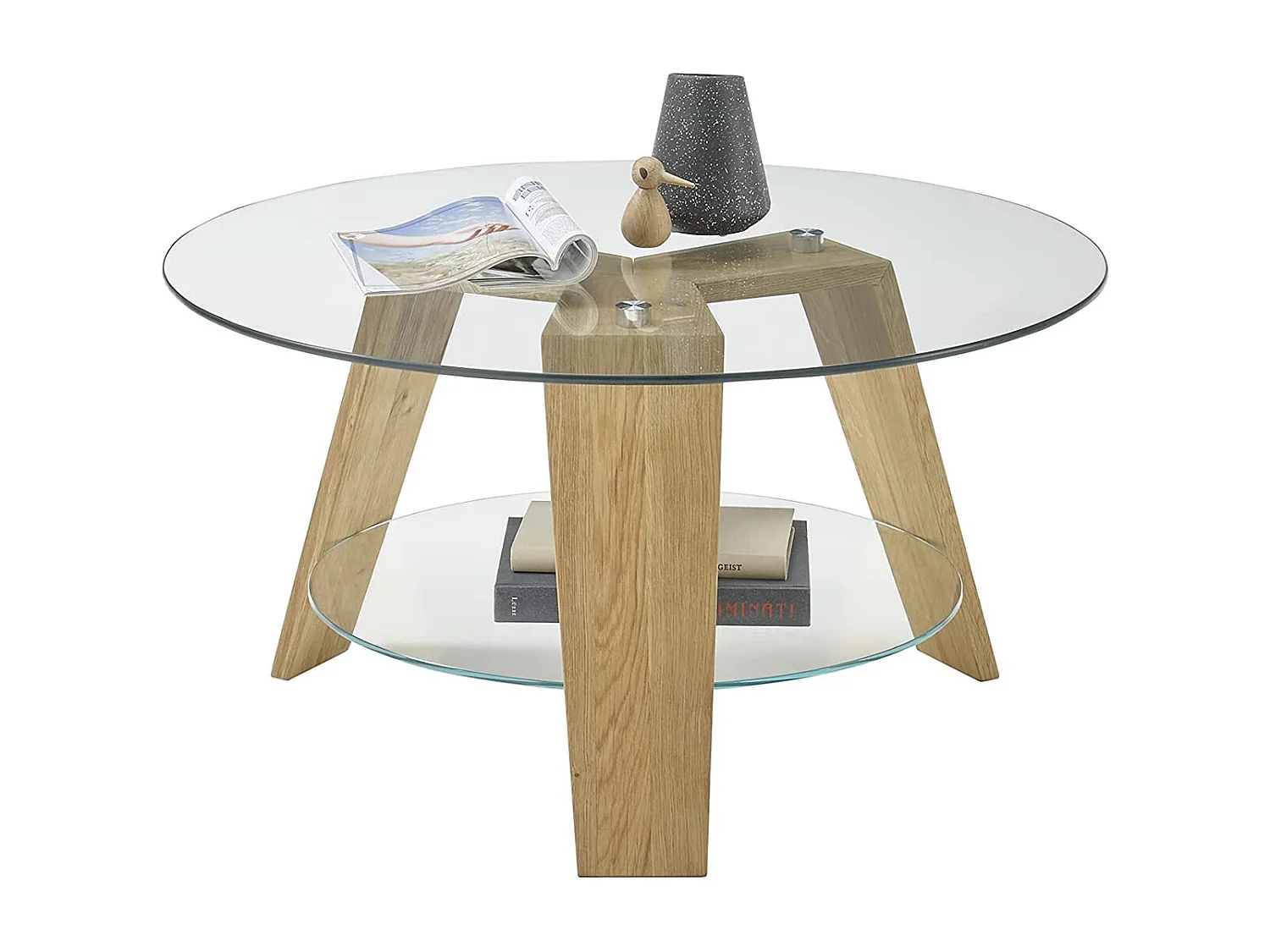 Table basse ronde en verre clair et chêne massif - L.75 x H.40 x P.75 cm