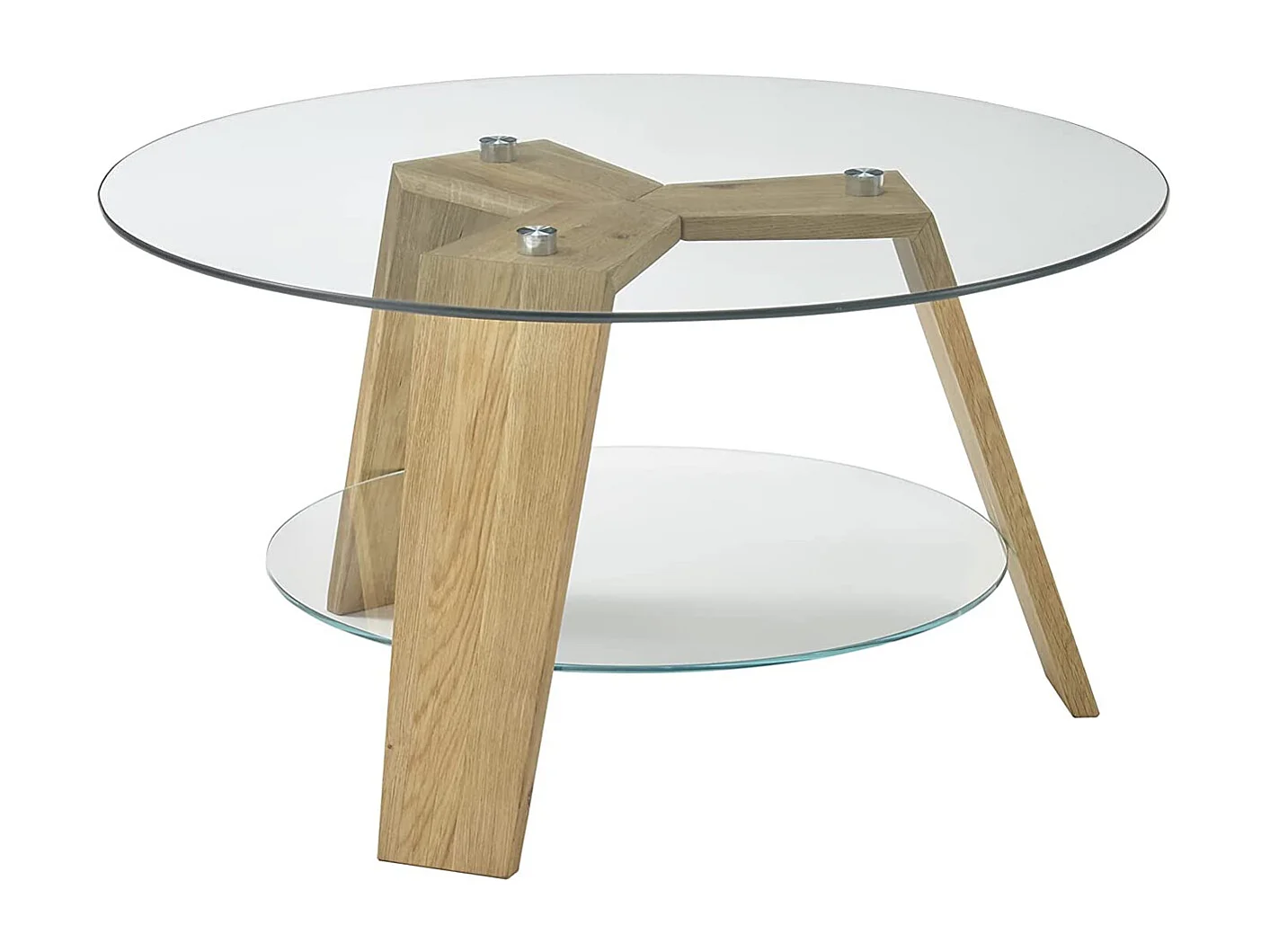 Table basse ronde en verre clair et chêne massif - L.75 x H.40 x P.75 cm