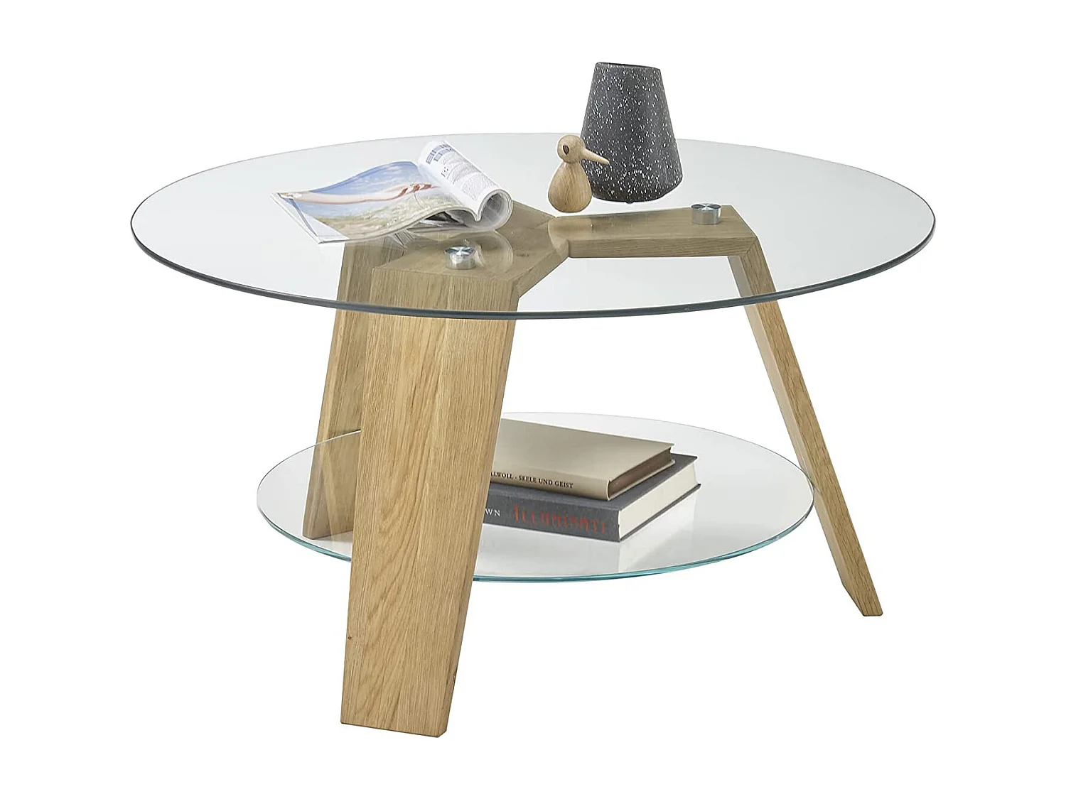 Table basse ronde en verre clair et chêne massif - L.75 x H.40 x P.75 cm