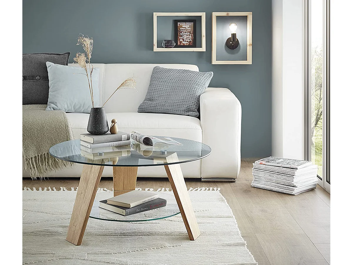 Table basse ronde en verre clair et chêne massif - L.75 x H.40 x P.75 cm