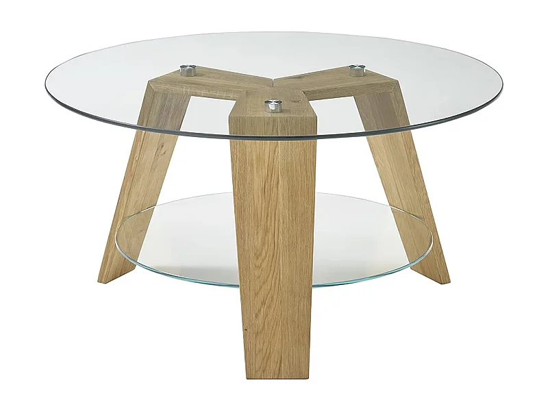 Table basse ronde en verre clair et chêne massif - L.75 x H.40 x P.75 cm