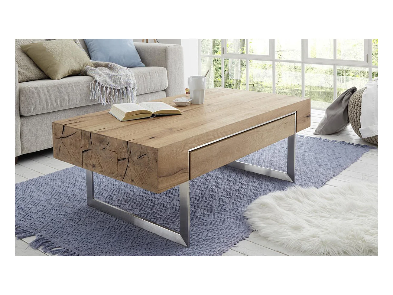 Table basse en noyer chêne plaqué aspect inox - L.110 x H.40 x P.60 cm