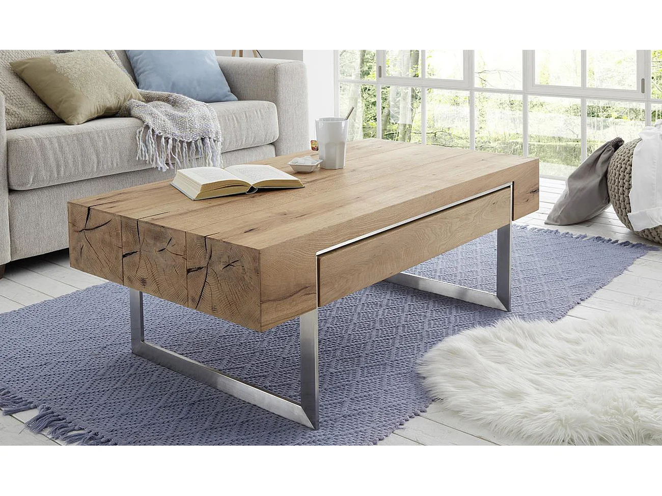 Table basse en noyer chêne plaqué aspect inox - L.110 x H.40 x P.60 cm