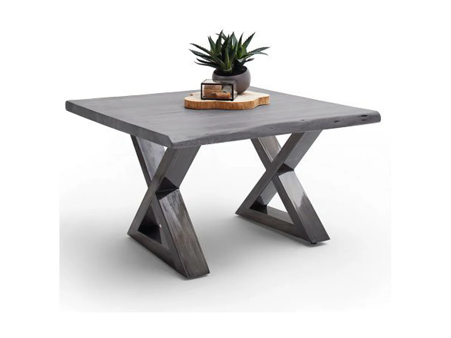 Table basse en bois d'acacia massif gris / acier antique - L.75 x H.45 x P.75 cm