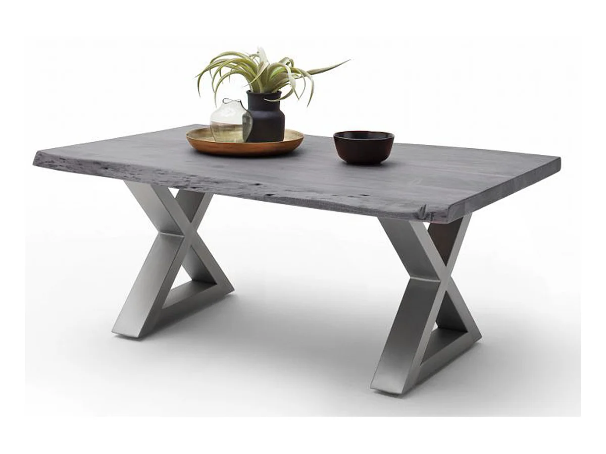 Table basse en bois d'acacia massif gris et acier inoxydable X - L.110 x H.45 x P.70 cm