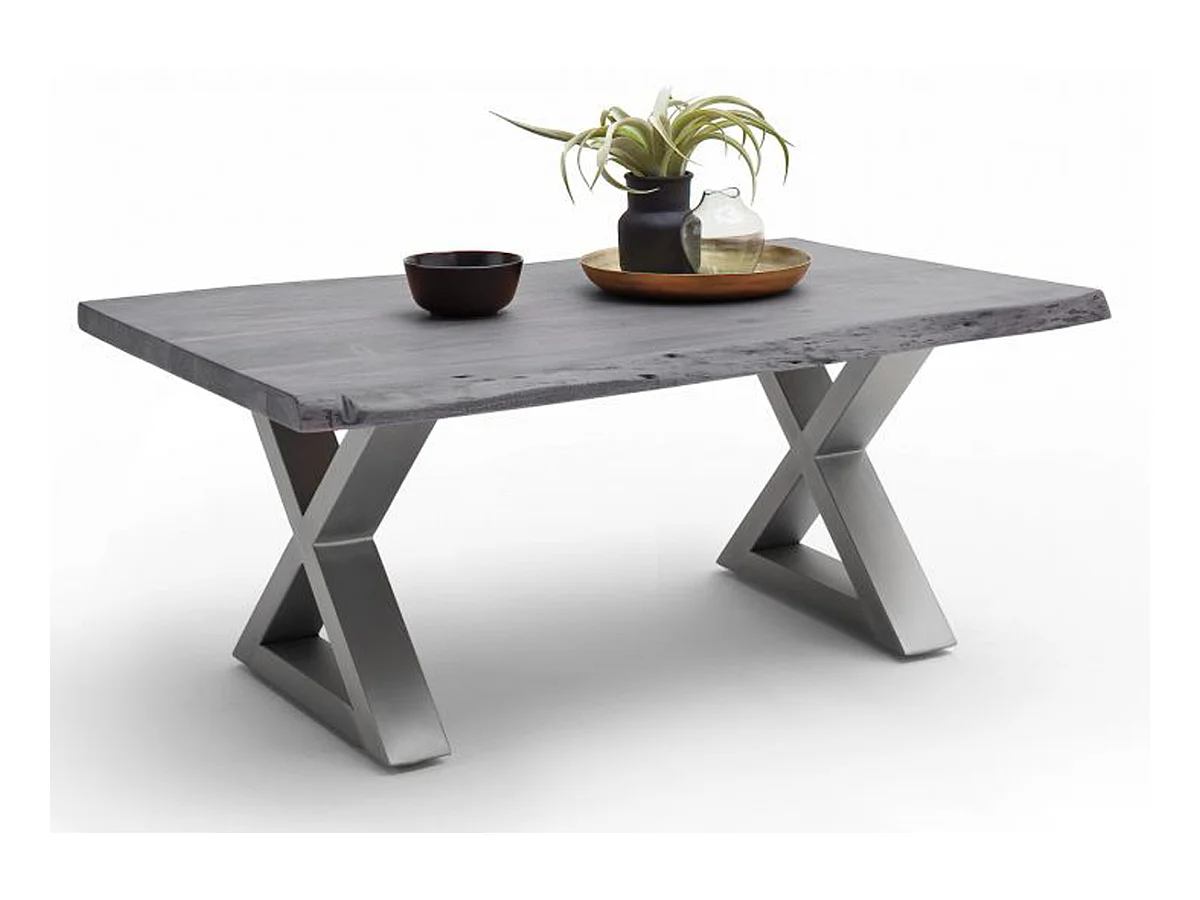Table basse en bois d'acacia massif gris et acier inoxydable X - L.110 x H.45 x P.70 cm
