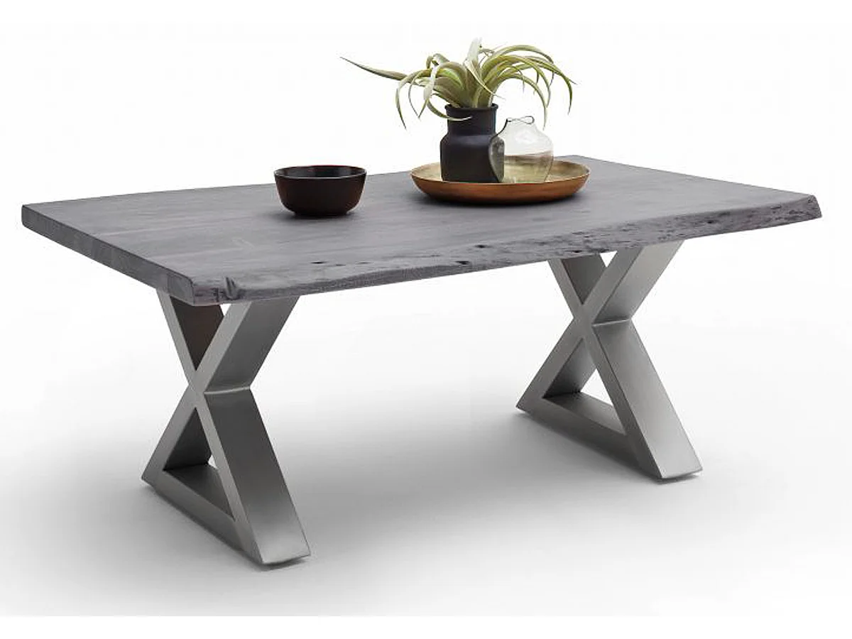 Table basse en bois d'acacia massif gris et acier inoxydable X - L.110 x H.45 x P.70 cm