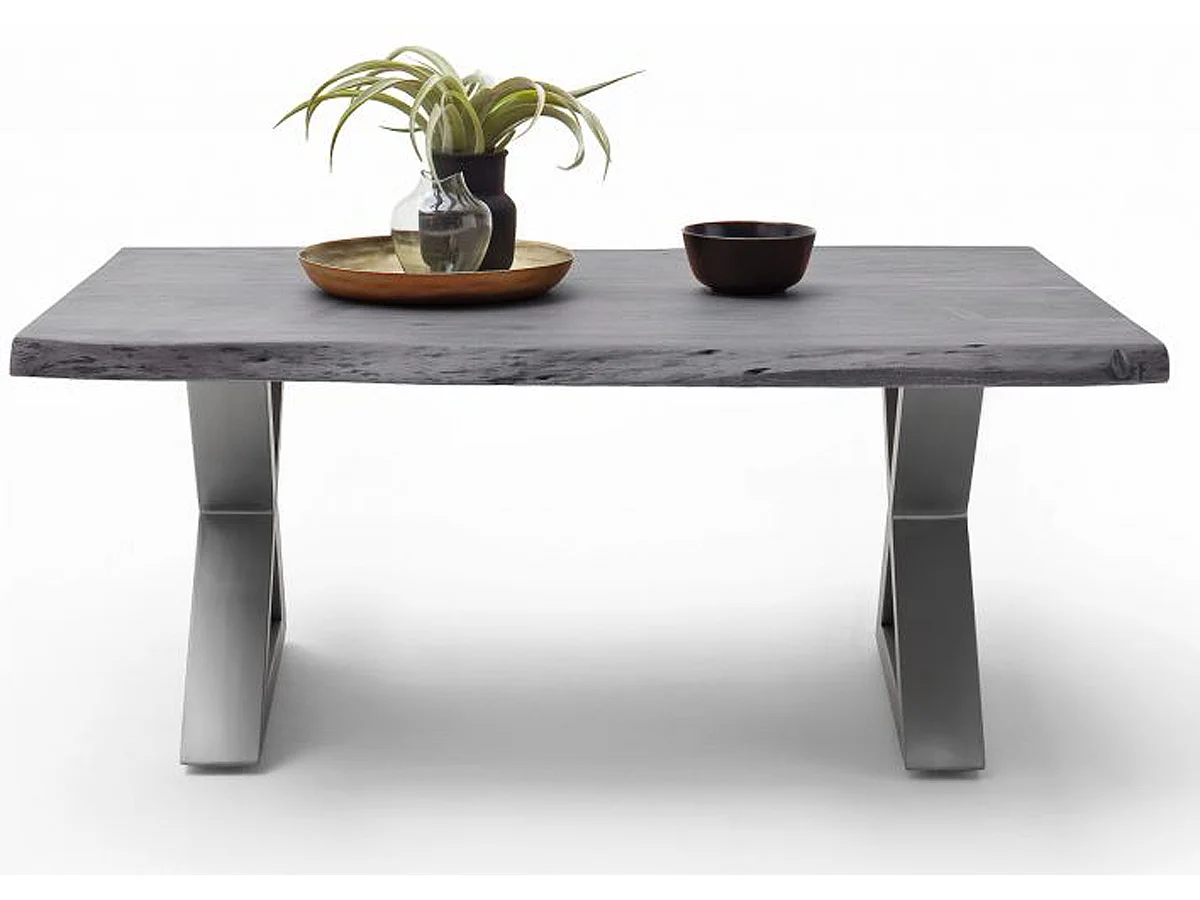 Table basse en bois d'acacia massif gris et acier inoxydable X - L.110 x H.45 x P.70 cm
