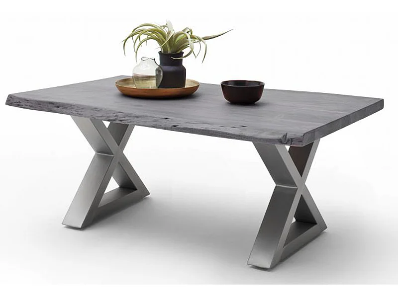Table basse en bois d'acacia massif gris et acier inoxydable X - L.110 x H.45 x P.70 cm