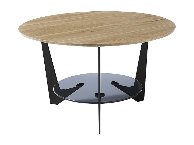 Table basse ronde en bois coloris chêne, verre et métal laqué coloris noir mat - diamètre 70 x profondeur 40 cm